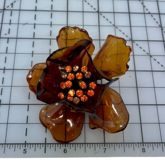 1950s  Retro Amber Orchid Flower Brooch | Cellulose Acetate Pin with Rhinestones - Picture 6 of 6